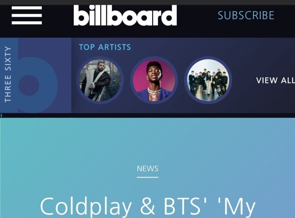 Coldplay X BTS topped the Billboard Hot 100 chart.