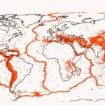 Over the past 20 years, earthquakes with a magnitude of 5 or more have been marked on the world map.