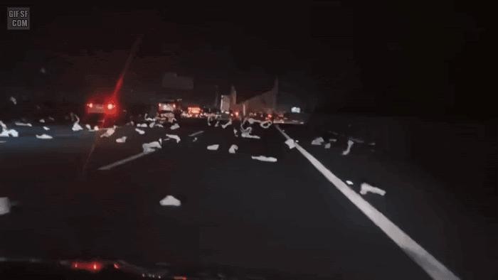 Tissues covered on the highway. Tissues covered on the highway.