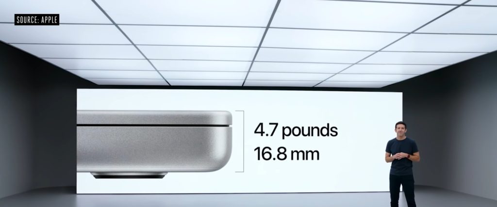 Explaining the thickness and weight of the Apple MacBook.