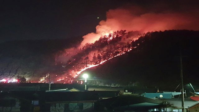 Breaking News: A forest fire in Seomyeon, Yangyang-gun, Gangwon-do.It spreads from a house to a hill.