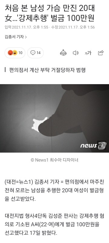 A man in his 20s who touched his chest for the first time...Forced harassment fine of 1 million won.