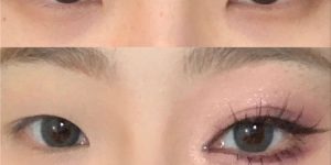 Difference in eye size before women's makeup.