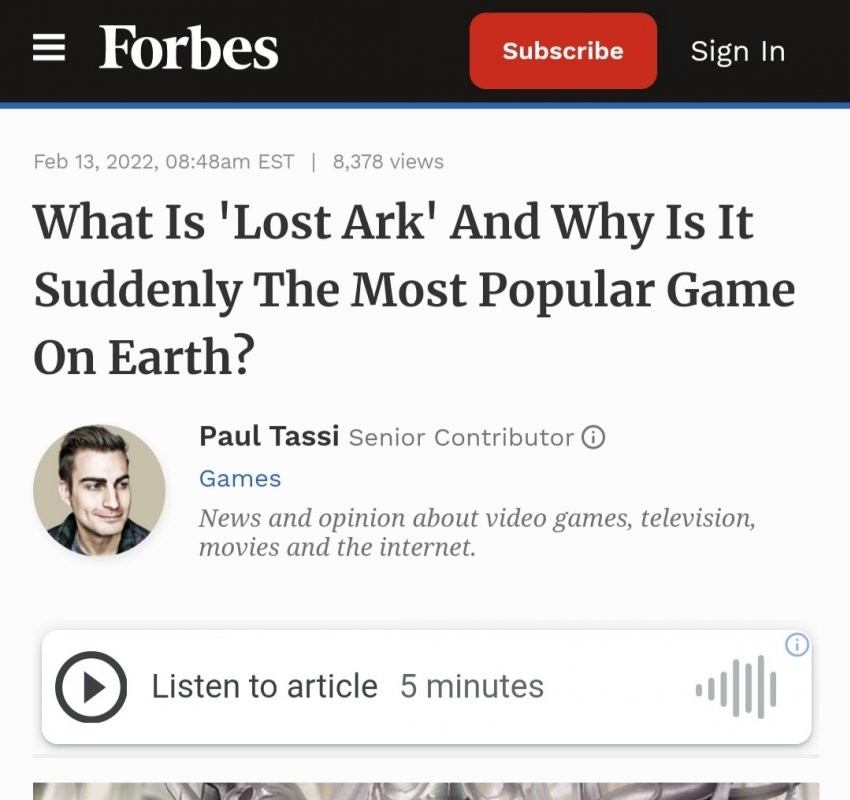 Forbes' most popular game on Earth, Lost Arc.