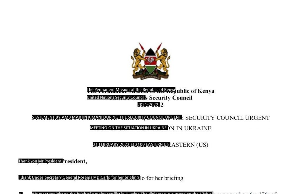 Kenyan ambassador's call at an emergency UN Security Council meeting.