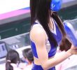Shin Sehee cheerleader with shiny sleeveless t-shirts.