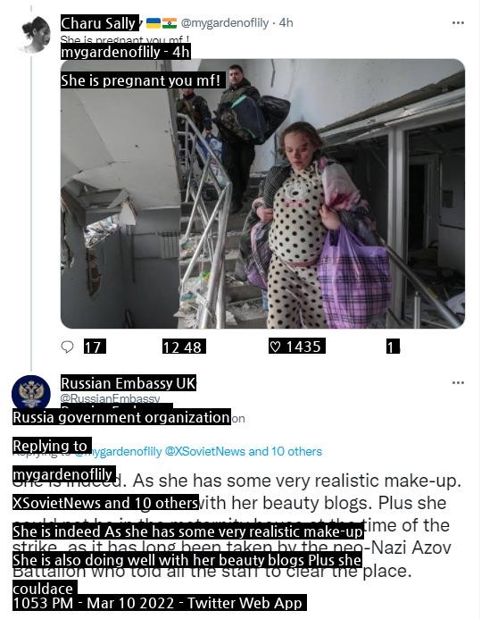 Official Twitter of the Russian Embassy mocking Ukrainian pregnant women evacuating.jpg