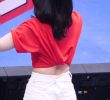 Cheerleader Lee Da Hye, a red T-shirt and white shorts with a beautiful back.