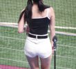White shorts on top of Monokini. Cheerleader Lee Da-hye