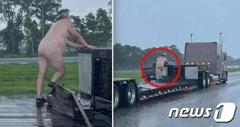 A picture of me riding a motorway trailer naked