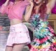 See-through pink cropped short skirt. Bibi and Eunha