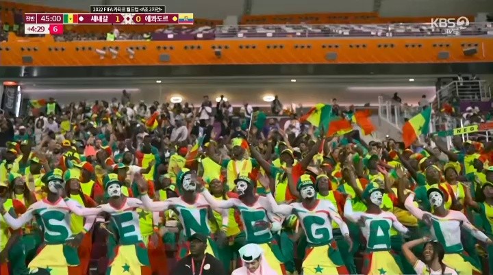 Senegalese supporters raise their cheering tempo after Senegal v Ecuador's first goal Shaking