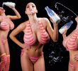A giant breast bikini girl playing with milk