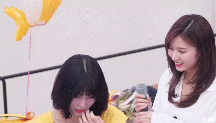 SANA and MOMO have fun together at the fan meeting.