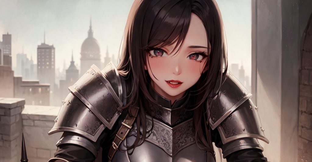Ask AI to draw a woman in a plate armour in the middle of the city. Spring JPG