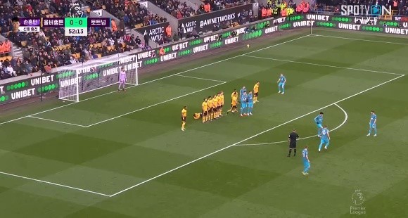Wolves vs Tottenham Tottenham free-kick 2 wall shot