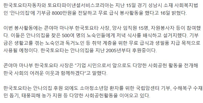 Toyota Motor Korea Donates 80 Million Won to Anna's House