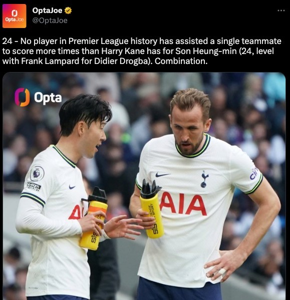 Tottenham recorded 24 assists only to Hotspur, the most assists in a single teammate ever -> tied with 24 Drogsin