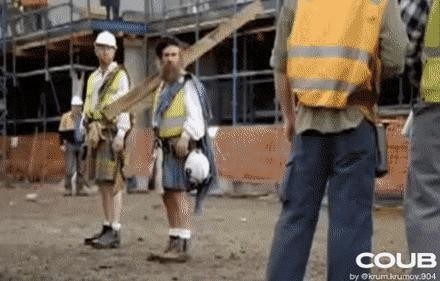 Working at a construction site in a skirt