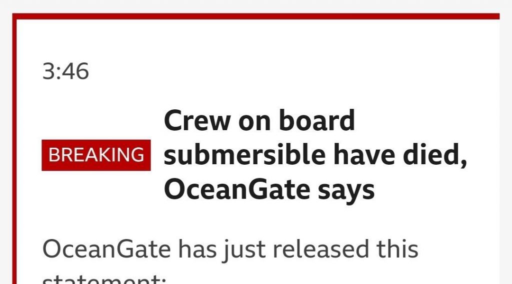 BBC BREAKINGVIEWS: Official announcement of the deaths of five passengers on a submersible