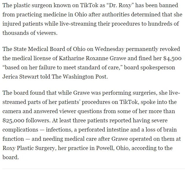 She got deprived of her doctor's license after broadcasting plastic surgery live on TikTok