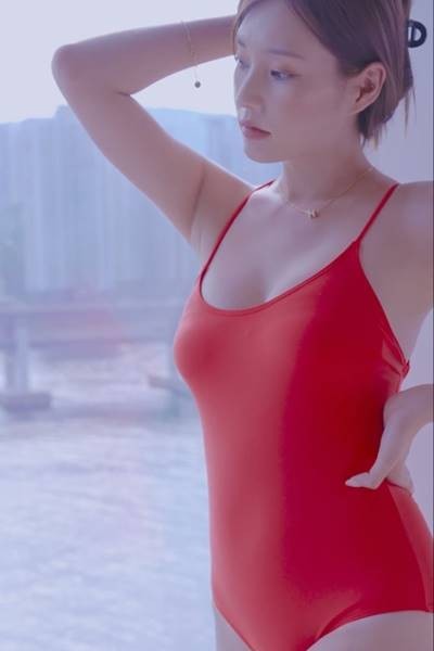 Model Yoonji Red Blue Monokini Swimwear Lookbook