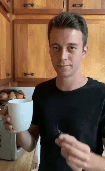 Mother's reaction to coffee with model spider in it