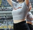 Ha Ji-won, cheerleader, a baggy crop t-shirt, shorts, and body