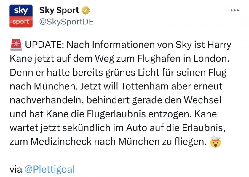 Sky Germany's Tottenham Kane is demanding renegotiation of the transfer approval