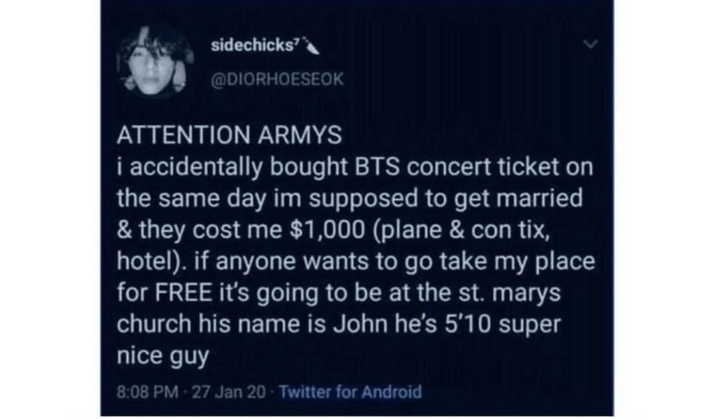 A fan who accidentally bought tickets for the BTS concert on their wedding day