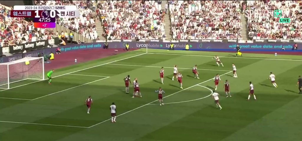 (SOUND)Hammers lead first half against Manchester City with first goal by West Ham vs Man City JWP (Shaking)