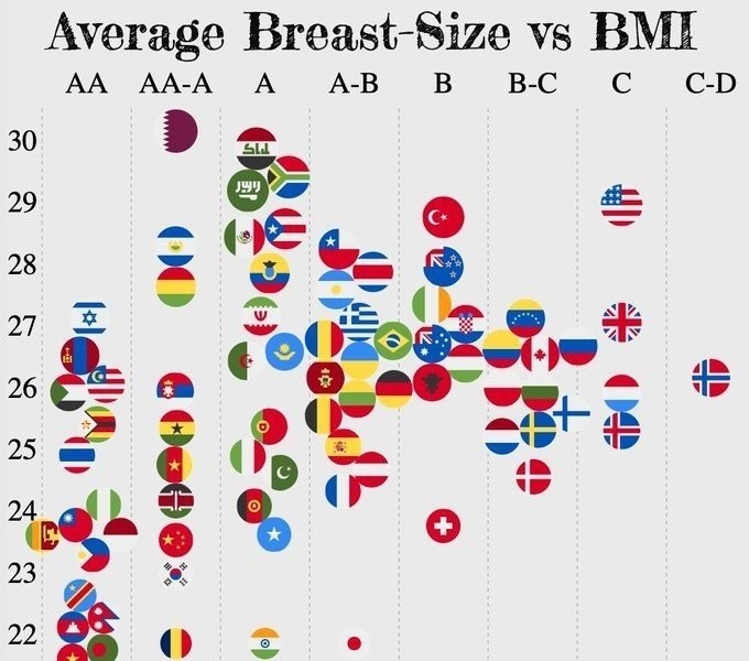 Average chest size and bmi by country