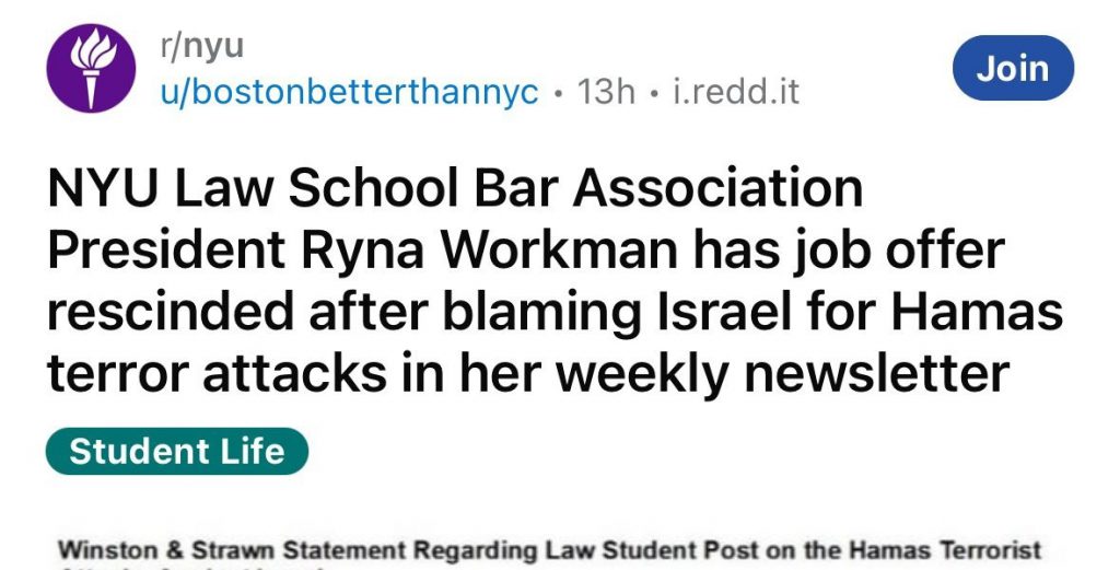 NYU Law School Student Organization President Cancels Recruitment After Criticism Of Israel Over Hamas Attack