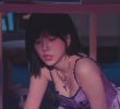 Bibi Ji Eunha's breast bone, lying face down in a purple lingerie look under her desk