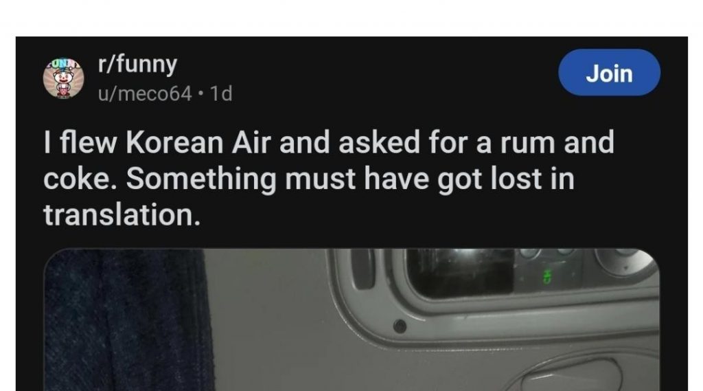 A foreigner who ordered rum and cock from Korean Air