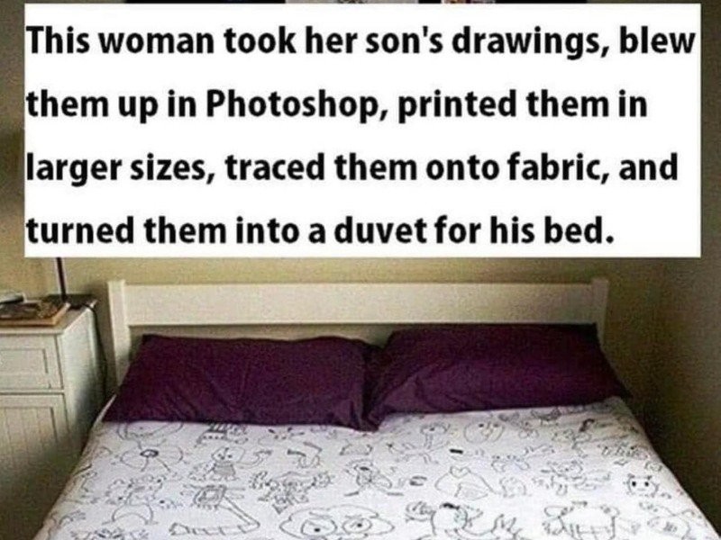 A mother who made a blanket with her son's drawing