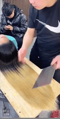 Cutting hair with a knife gif