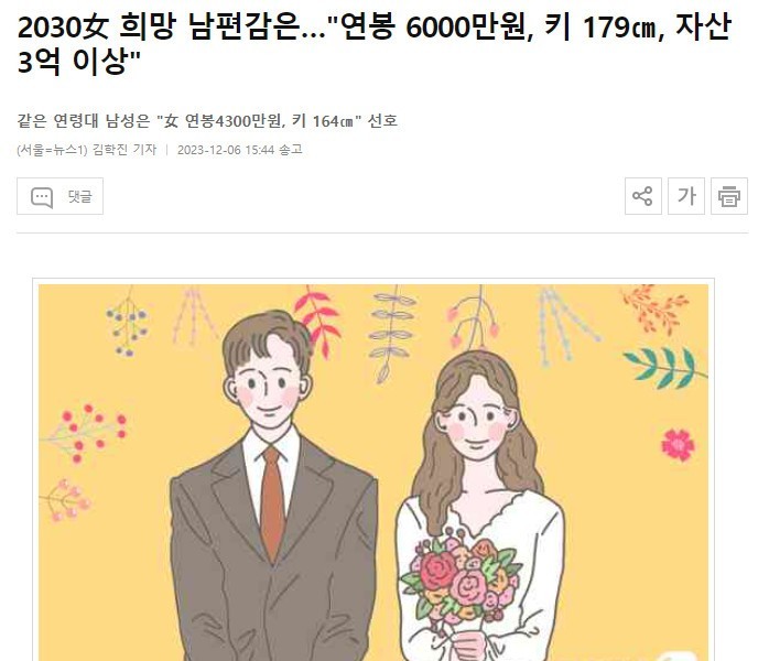 The hope of a husband in the 2030 女 is...An annual salary of 60 million won, 179 cm tall, assets of 300 million won or more