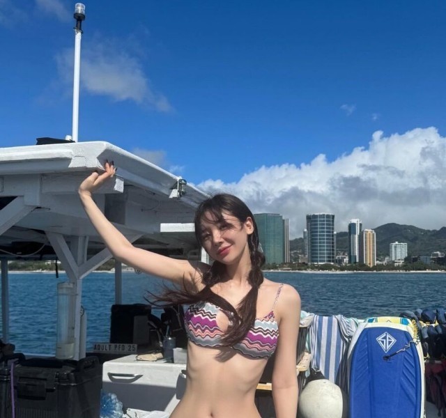 Africa's Top 3 Yeo Cam BJ Colorful Striped Bikini on Gold Yacht