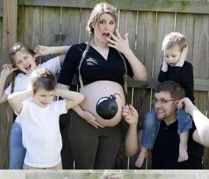 Family photo commemorating mother's pregnancy and childbirth