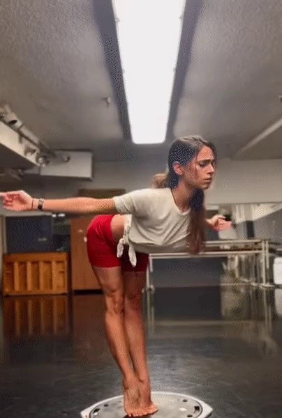 a ballerina practicing on a balance board