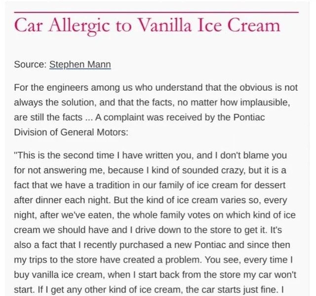 If I buy vanilla ice cream, the car won't start
