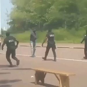 the police overpowering a man who wields a long knife