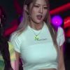 High-key yellow belly button exposed, white crop top, heavy breasts bouncing