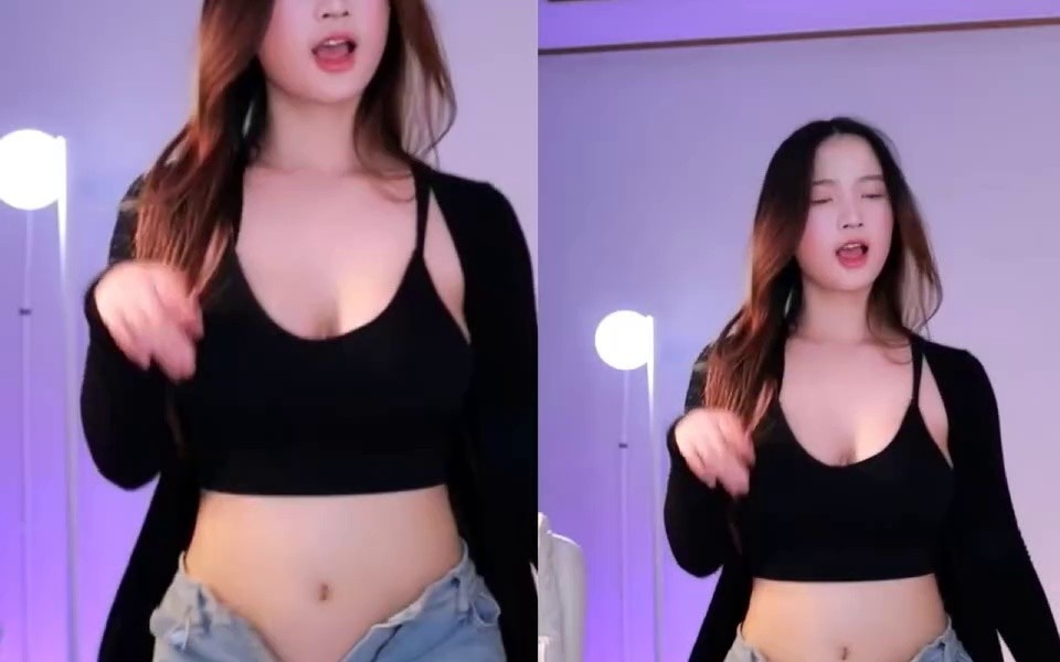 (SOUND)Seriming's busty black string tank top + jeans with unbuttoned belly button