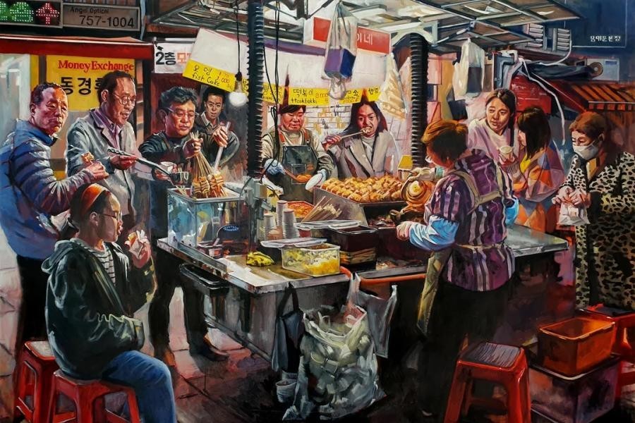 People on the streets of Seoul expressed in oil painting by an American artist