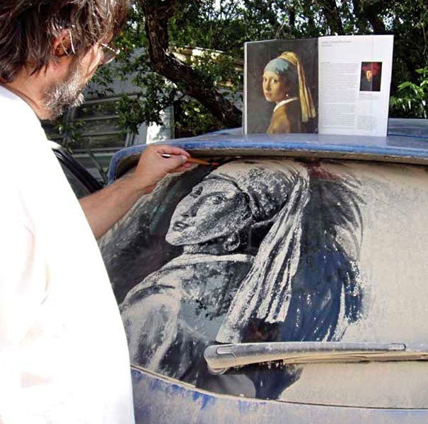 A painting made with dust accumulated in a car