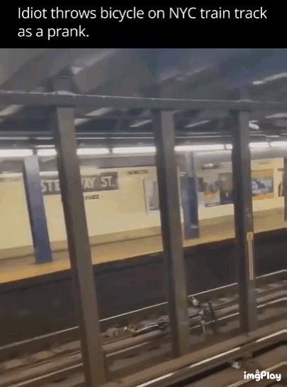 Someone threw a bicycle on the New York subway tracks as a joke